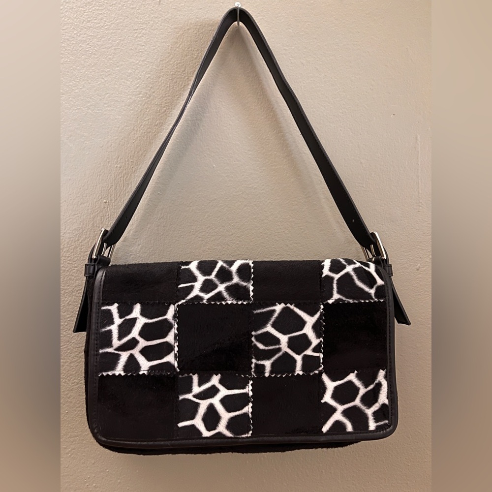 Vintage ESPRIT Cow Print Patchwork Look Shoulder Bag Y2K Purse Black White VTG - Picture 5 of 12